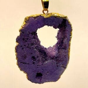 Natural Geode Stone & Crystal Quartz Peacock Seaglass Purple Pendant Necklace